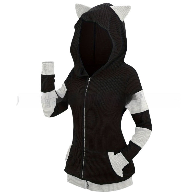 Women's Thickened Cat Ear Zipper Color Stitching Hoodie
