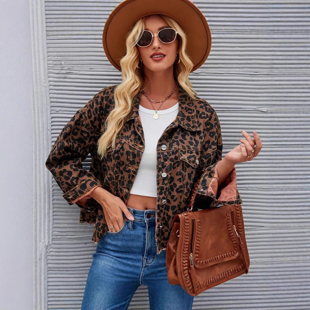Animal Print Frayed Button Short Denim Coat