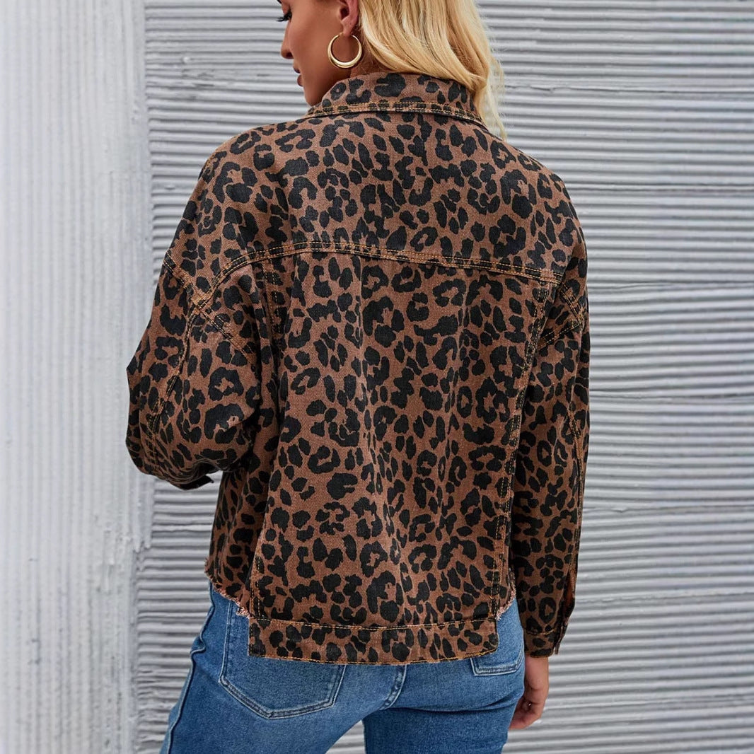 Animal Print Frayed Button Short Denim Coat