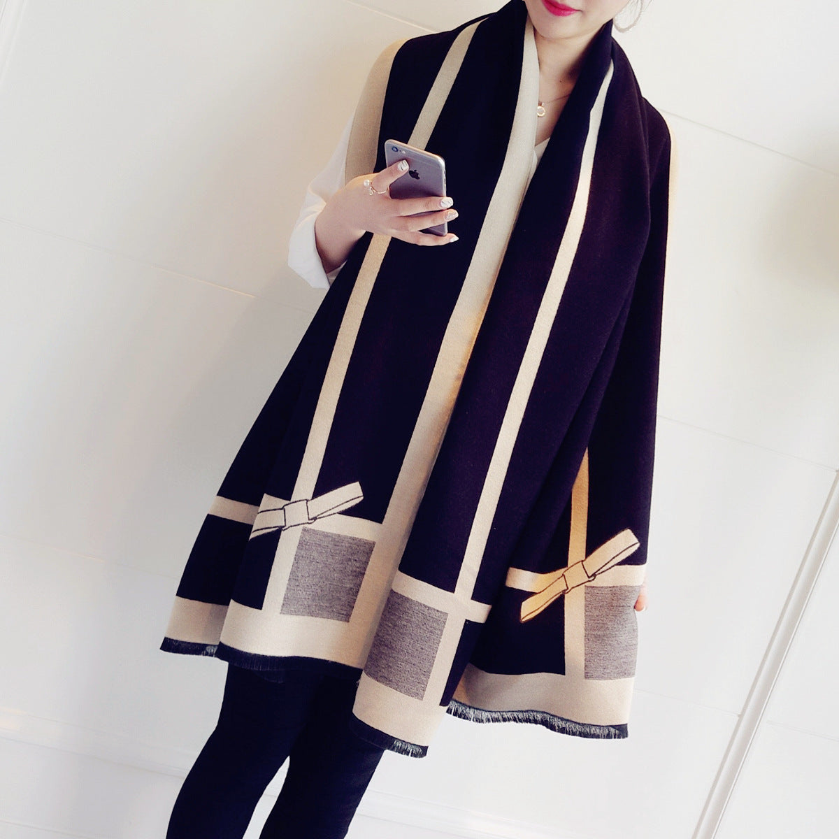 Women's Temperament Color Matching Bow Oversized Double-sided Shawl Dual-use