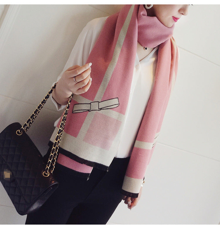 Women's Temperament Color Matching Bow Oversized Double-sided Shawl Dual-use