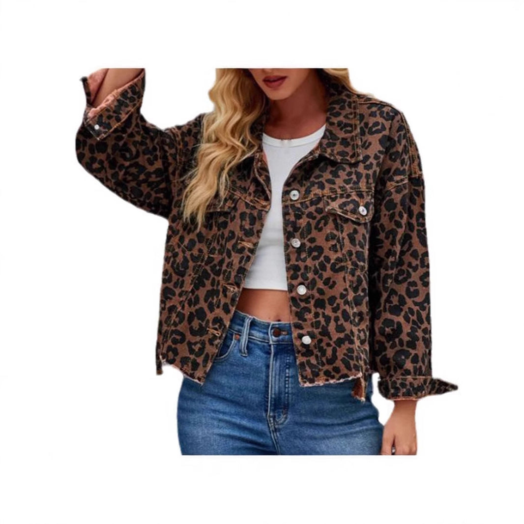 Animal Print Frayed Button Short Denim Coat