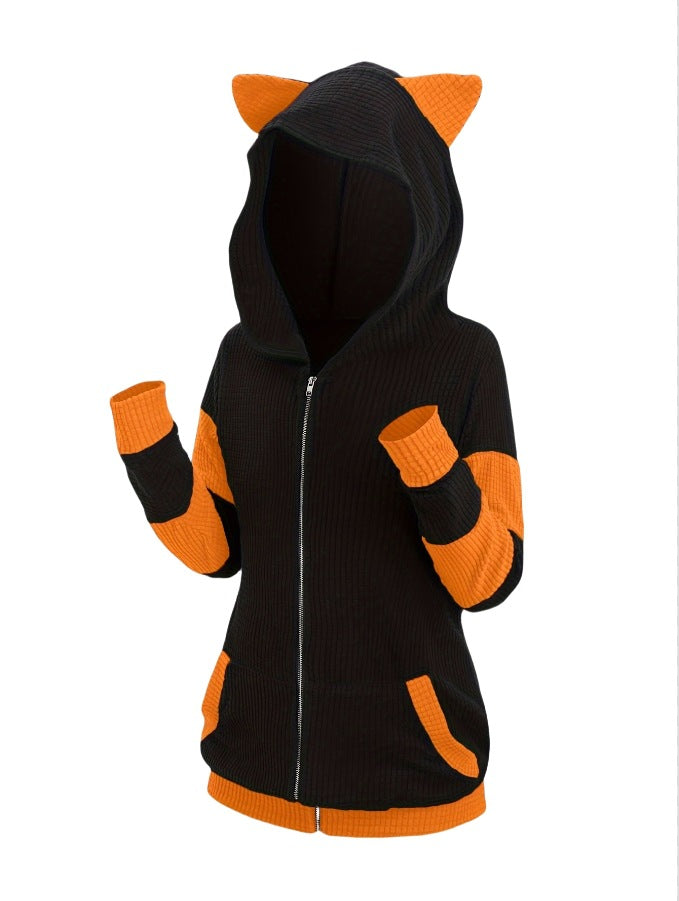 Women's Thickened Cat Ear Zipper Color Stitching Hoodie