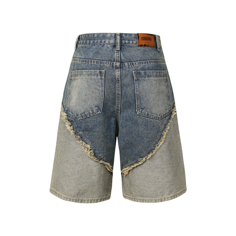 Worn Looking Washed-out Multi-colored Rough Edges Denim Shorts High-grade Personality Cropped Pants