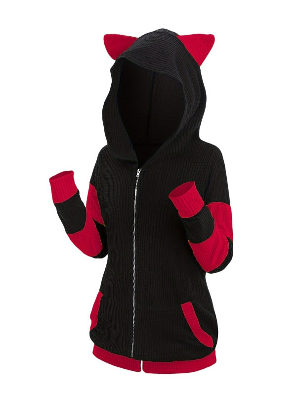 Women's Thickened Cat Ear Zipper Color Stitching Hoodie