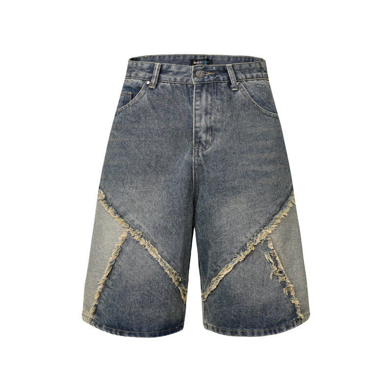 Worn Looking Washed-out Multi-colored Rough Edges Denim Shorts High-grade Personality Cropped Pants