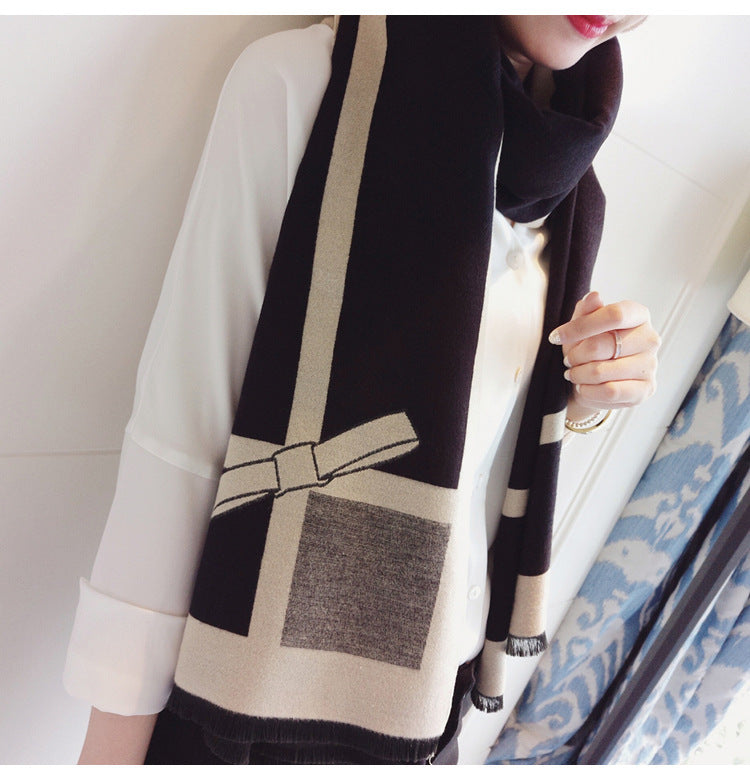 Women's Temperament Color Matching Bow Oversized Double-sided Shawl Dual-use