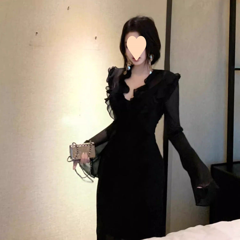 American Ruffled Collar Dress Female Early Autumn Long Sleeves Waist-controlled Skirt