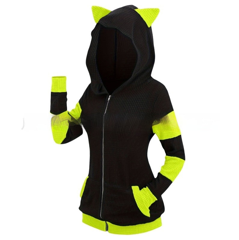 Women's Thickened Cat Ear Zipper Color Stitching Hoodie