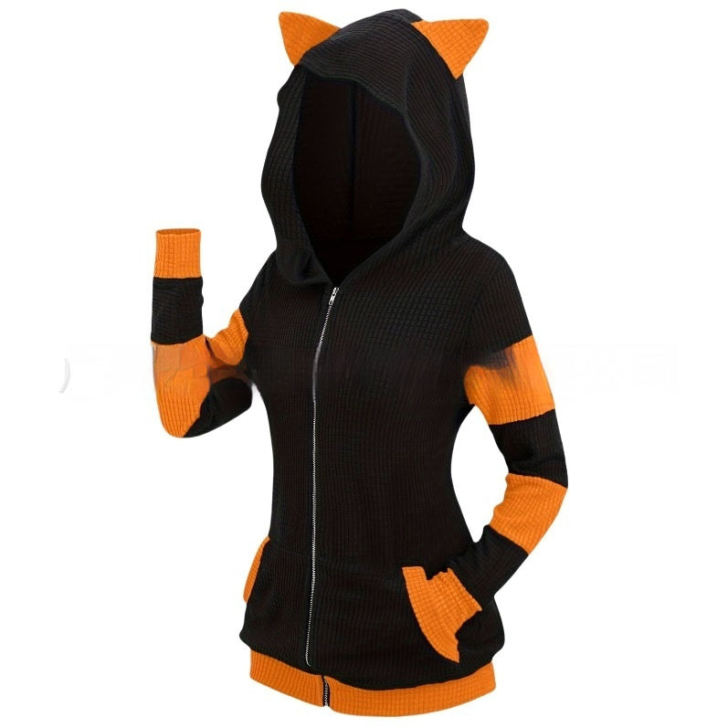 Women's Thickened Cat Ear Zipper Color Stitching Hoodie