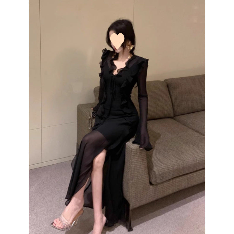 American Ruffled Collar Dress Female Early Autumn Long Sleeves Waist-controlled Skirt