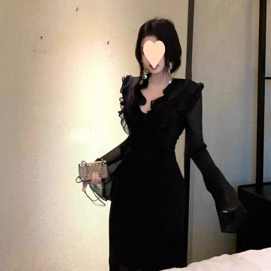 American Ruffled Collar Dress Female Early Autumn Long Sleeves Waist-controlled Skirt