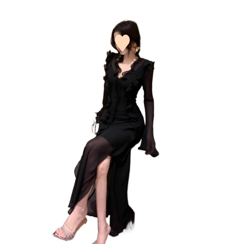 American Ruffled Collar Dress Female Early Autumn Long Sleeves Waist-controlled Skirt