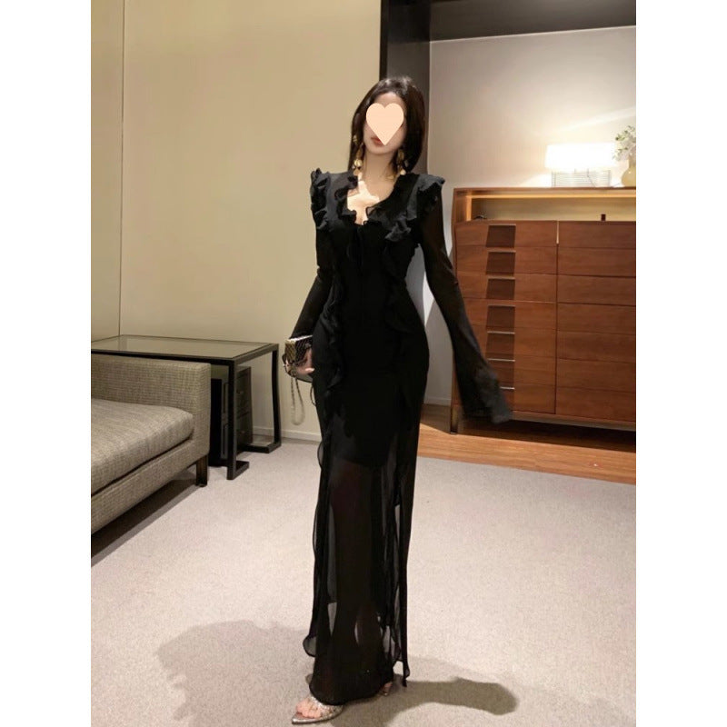 American Ruffled Collar Dress Female Early Autumn Long Sleeves Waist-controlled Skirt