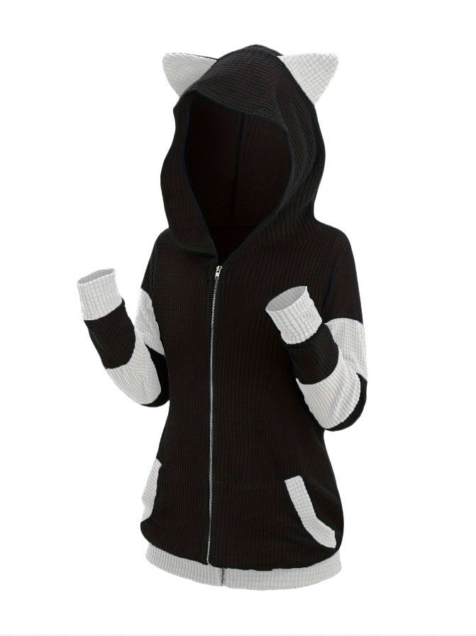 Women's Thickened Cat Ear Zipper Color Stitching Hoodie