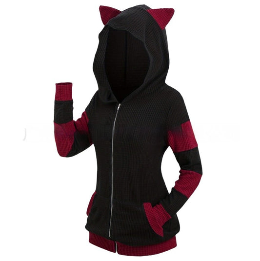 Women's Thickened Cat Ear Zipper Color Stitching Hoodie